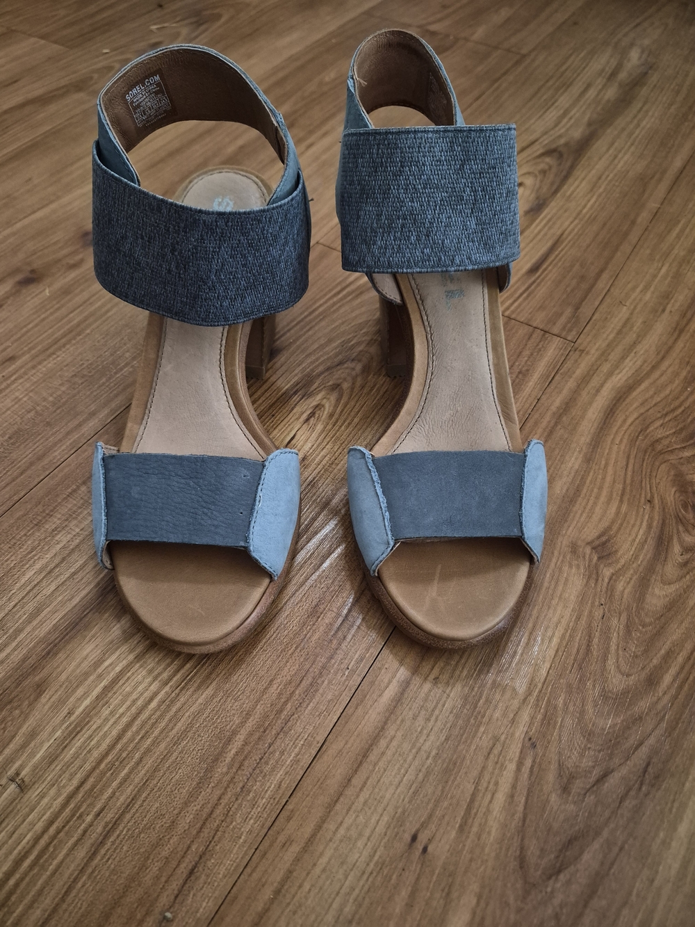 SOREL Nadia Blue Suede & Elastic Chunky Block Heel Sandal Women Size 7.5